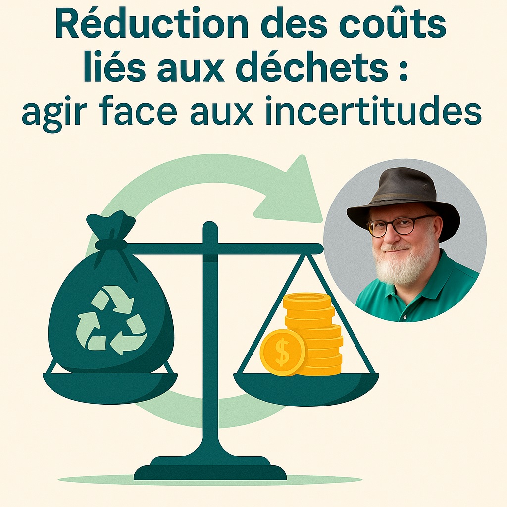 Réduction des coûts liés aux déchets : illustration d’une balance entre déchets et économies, avec portrait de Didier Vandegans.